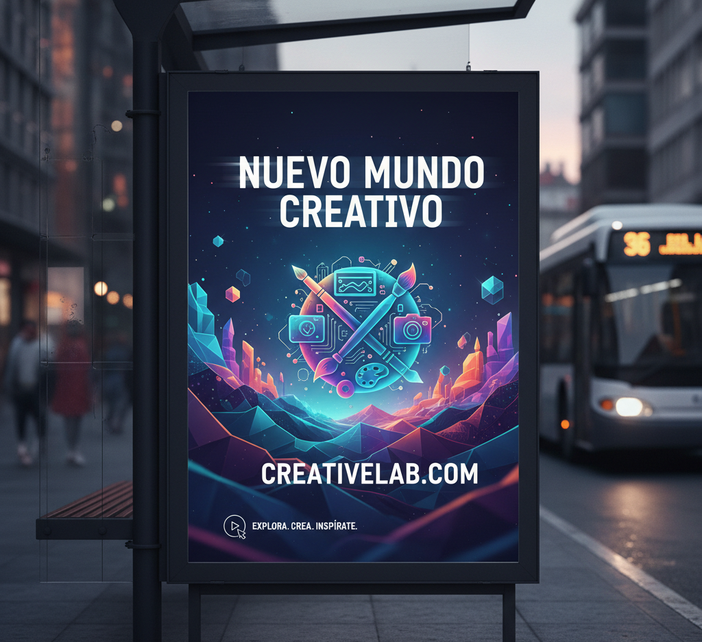 Un cartel promocional en una parada de autobús que presenta un diseño vibrante y creativo, con el texto 'Nuevo Mundo Creativo' y la dirección web 'creativelab.com'.