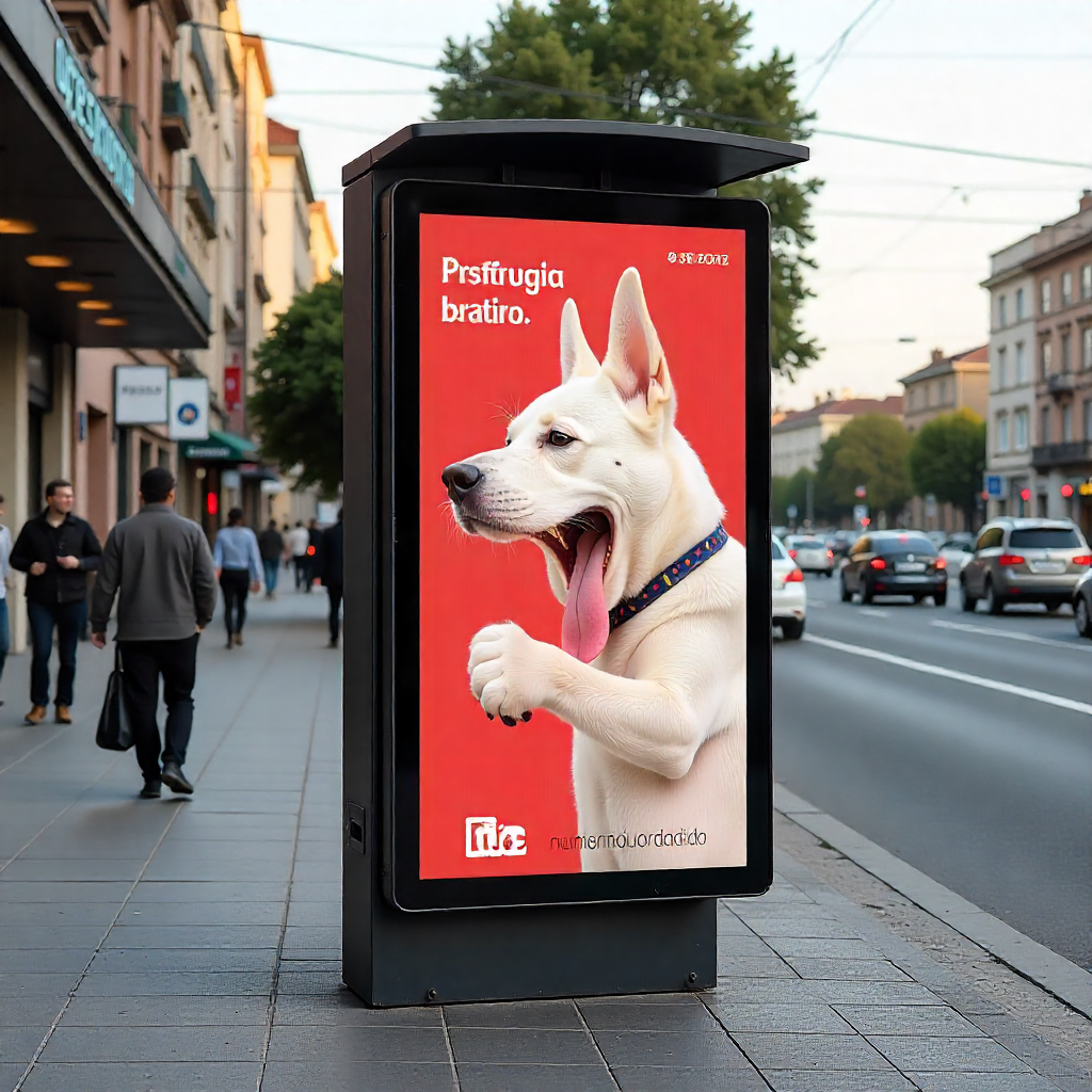 Un perro blanco y feliz en un cartel ambiental publicitario, con fondo rojo. El perro tiene la lengua afuera y lleva un collar colorido.